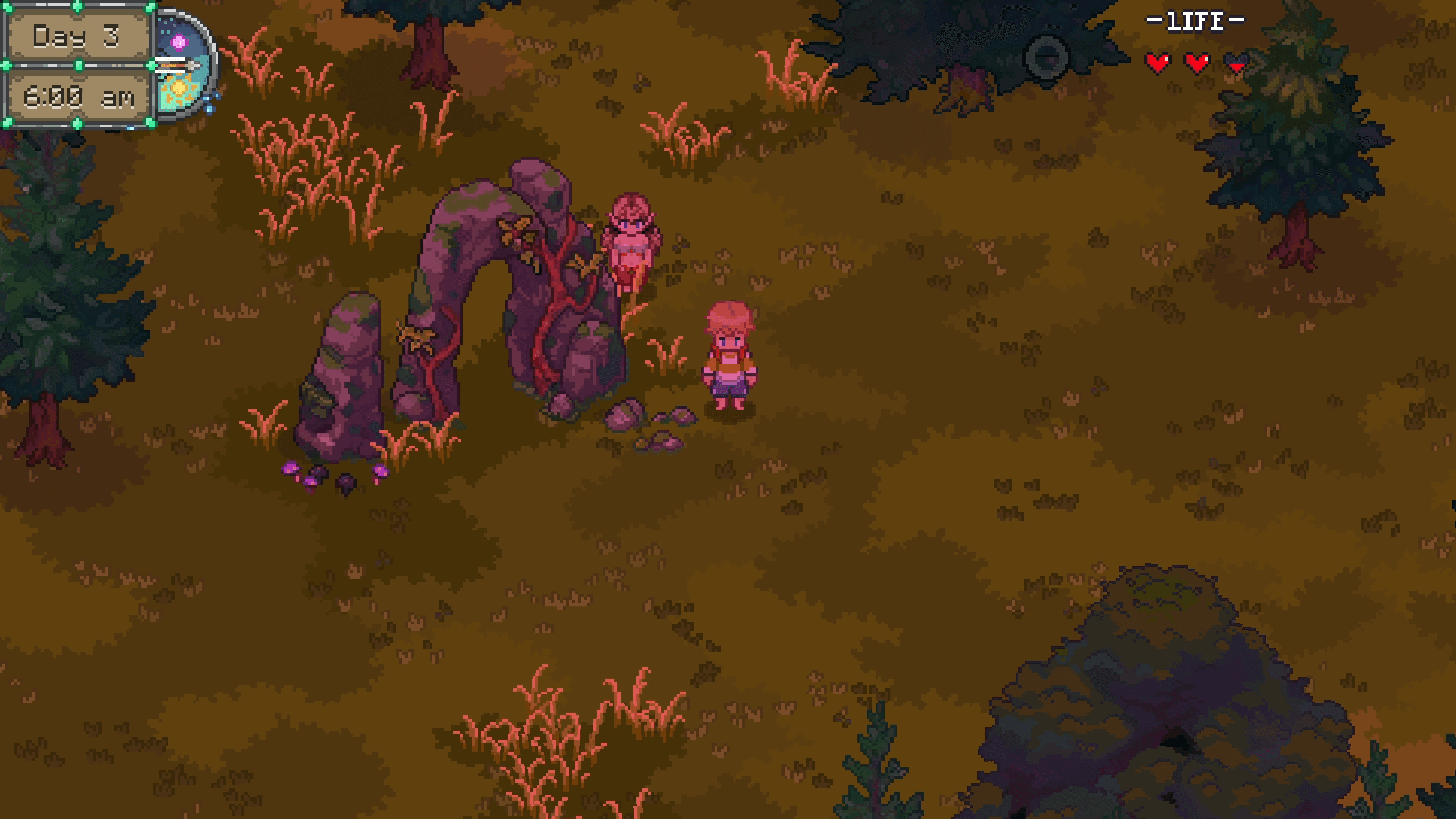 The player exploring vine-covered ruins in an ancient forest