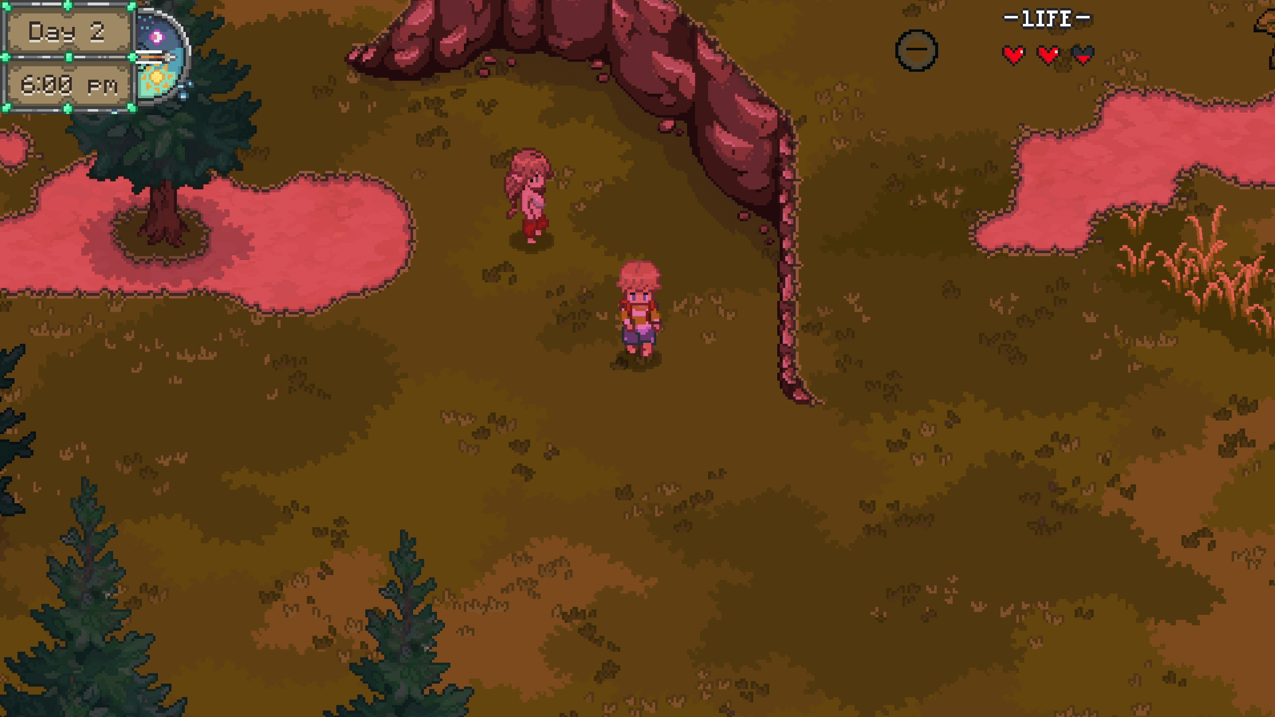 The player entering a red and purple blighted forest at dusk