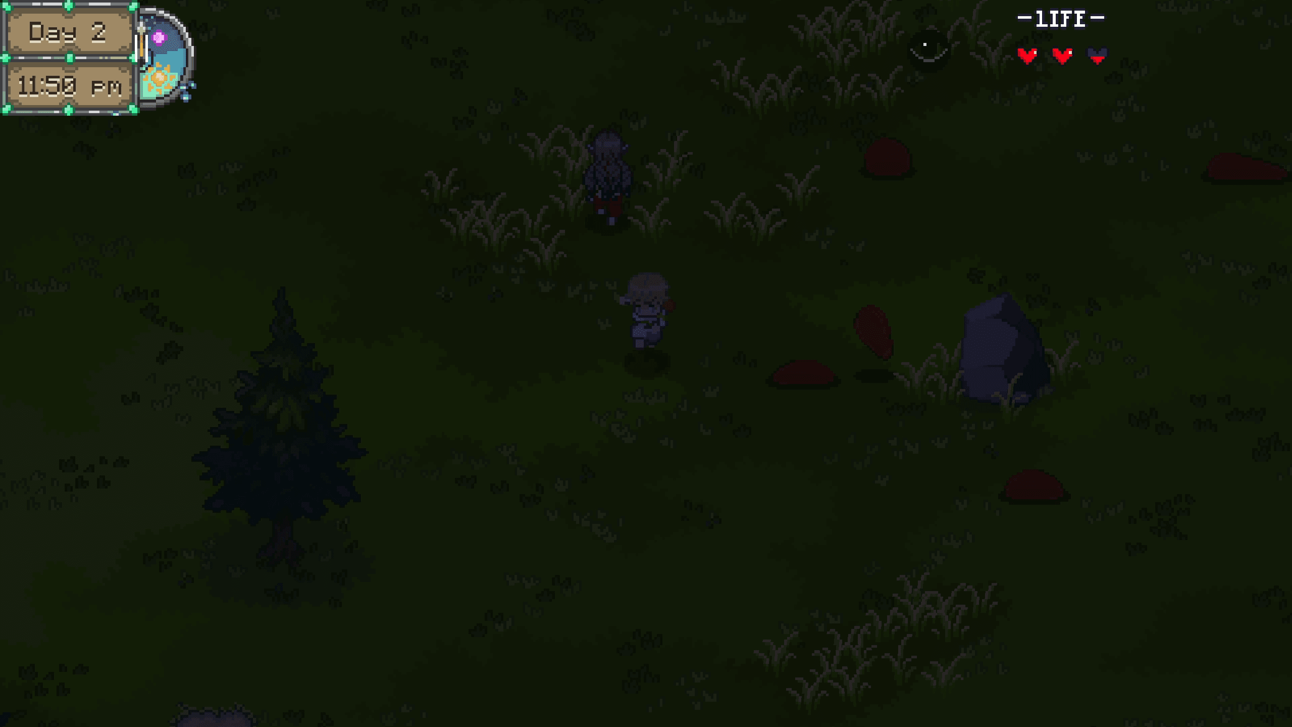 Shadowy creatures gathering around the player in a dark forest