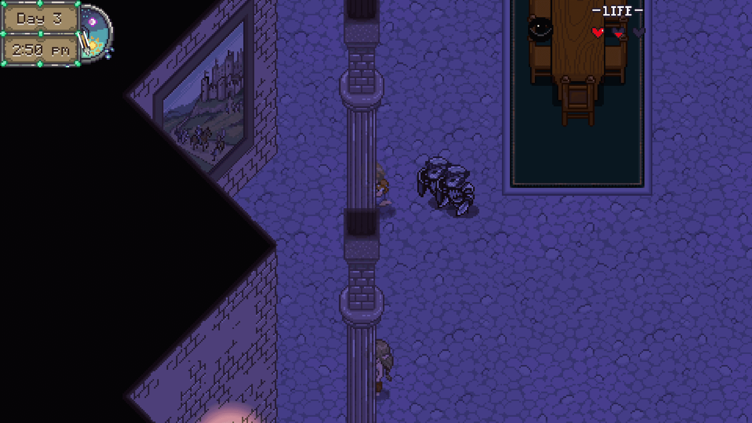 The player facing a monster in a dimly lit stone dungeon