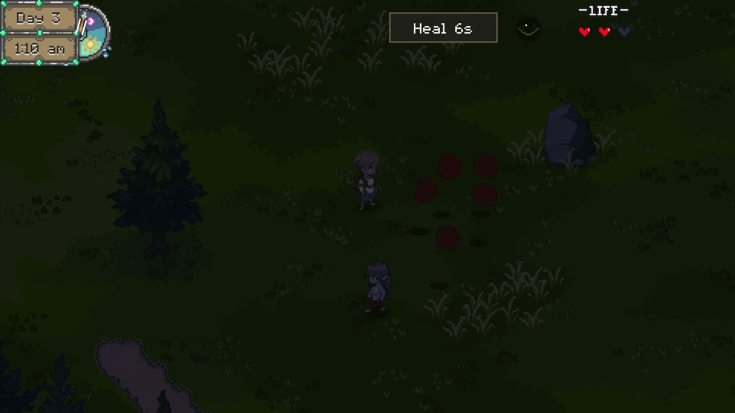 The player surrounded by monsters during a nighttime encounter