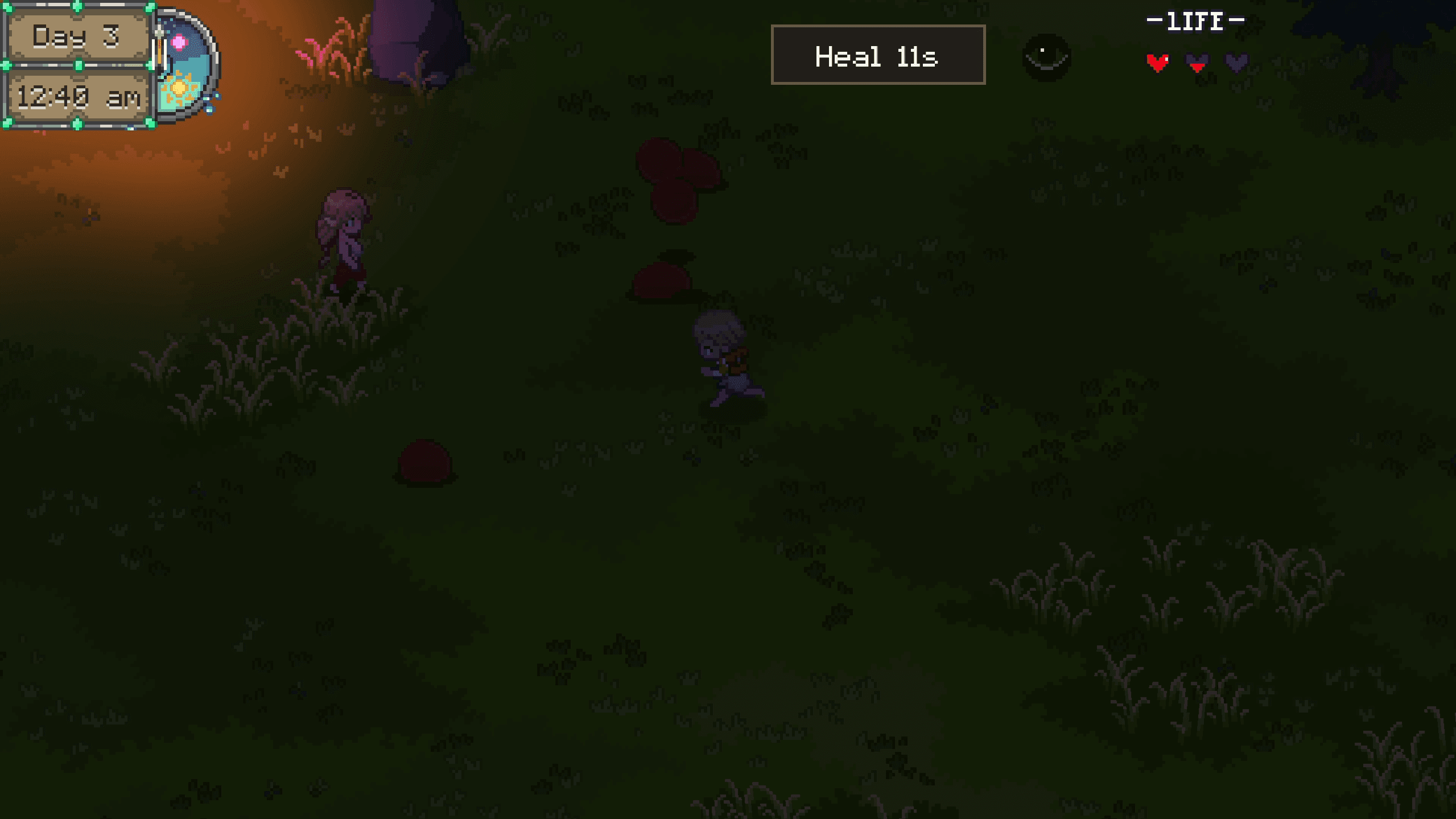 The player using a healing ability during a nighttime battle