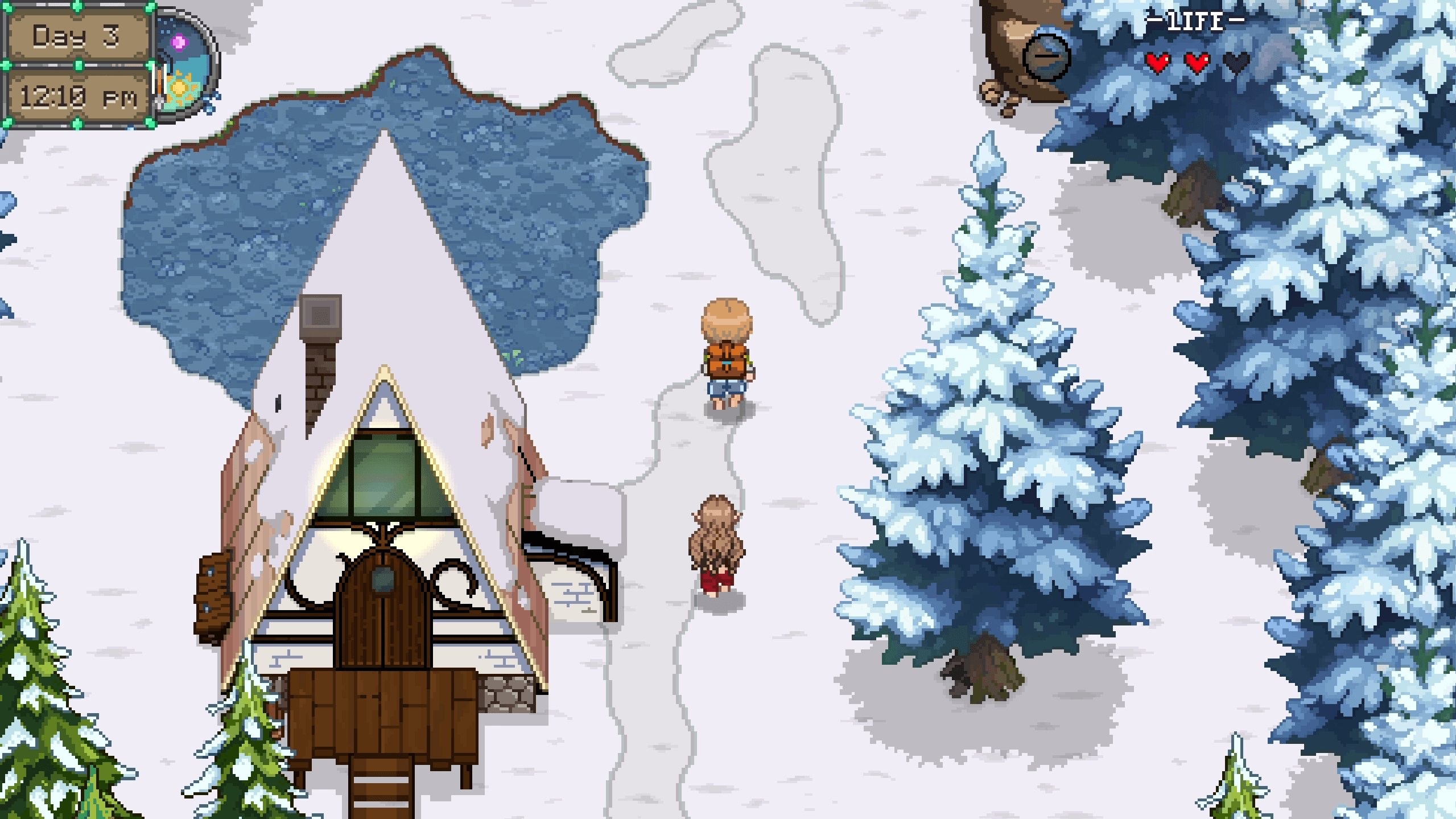 The player exploring a snow-covered village with warm lanterns