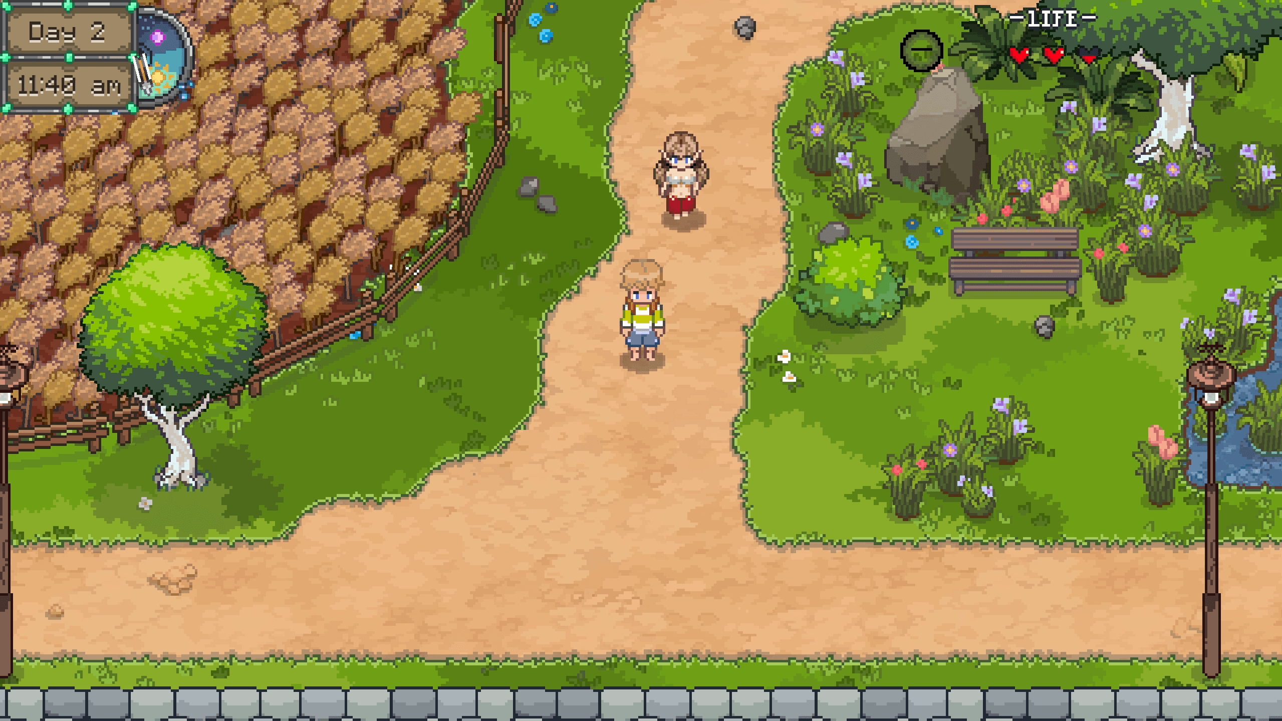 The player standing at a busy village crossroads