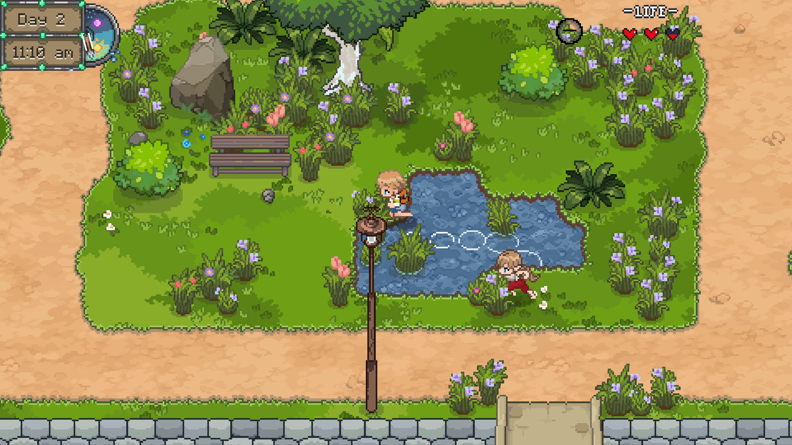 A bright village pond surrounded by flowers, trees, and wooden paths