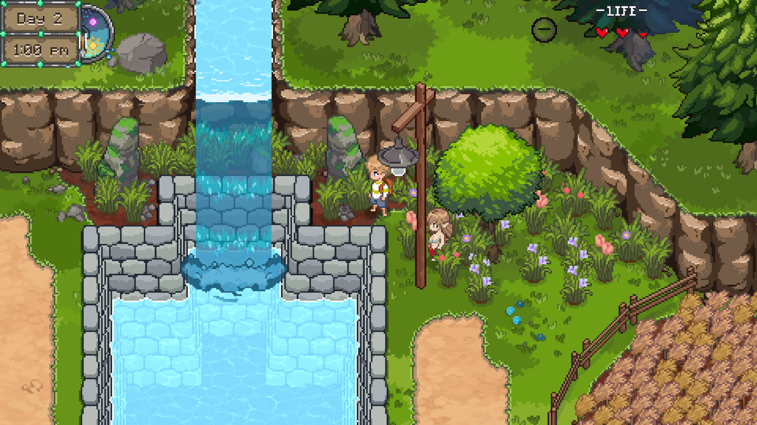 A waterfall cascading through a green forest beside the player