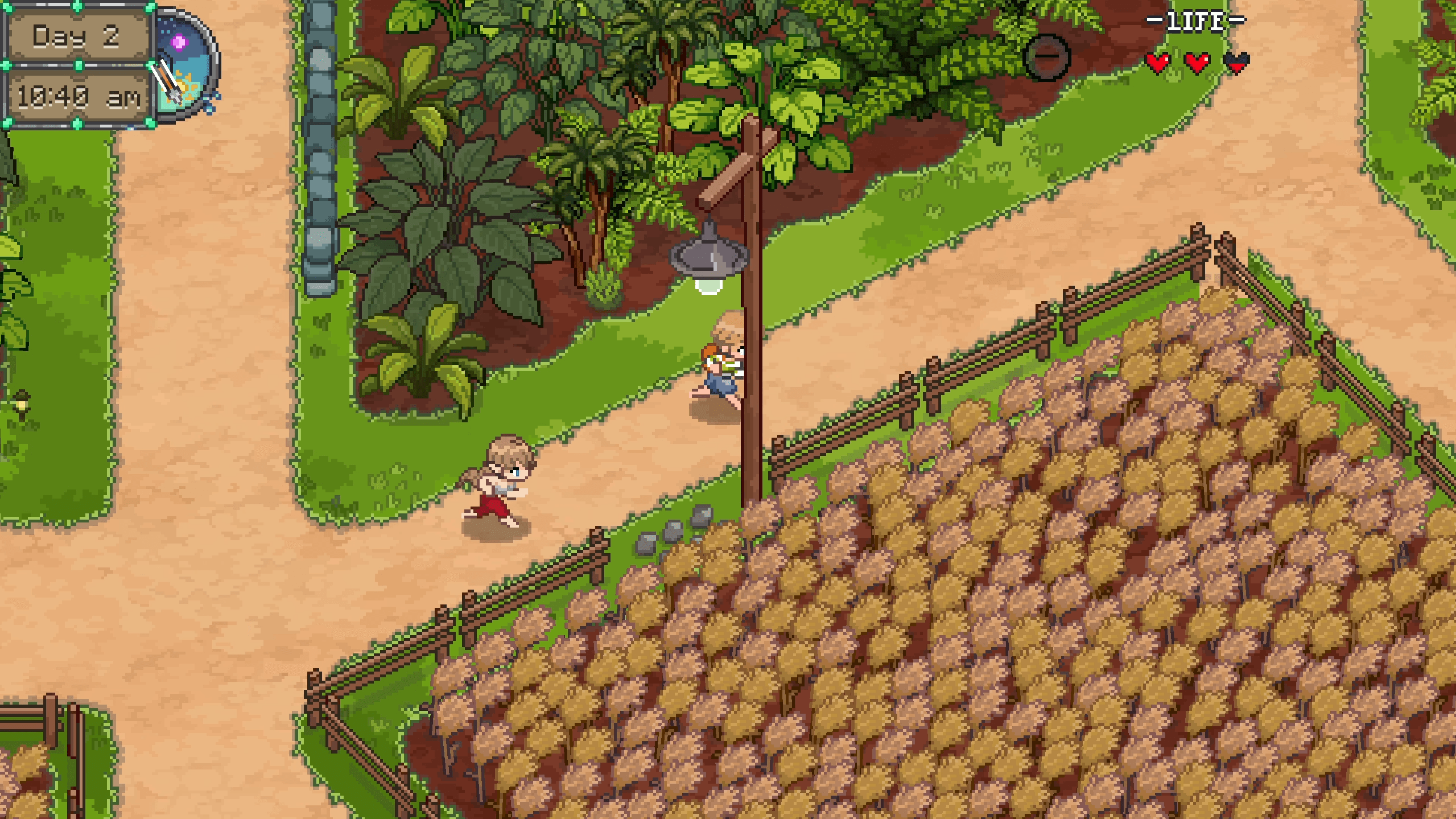 The player walking between golden wheat fields in the village
