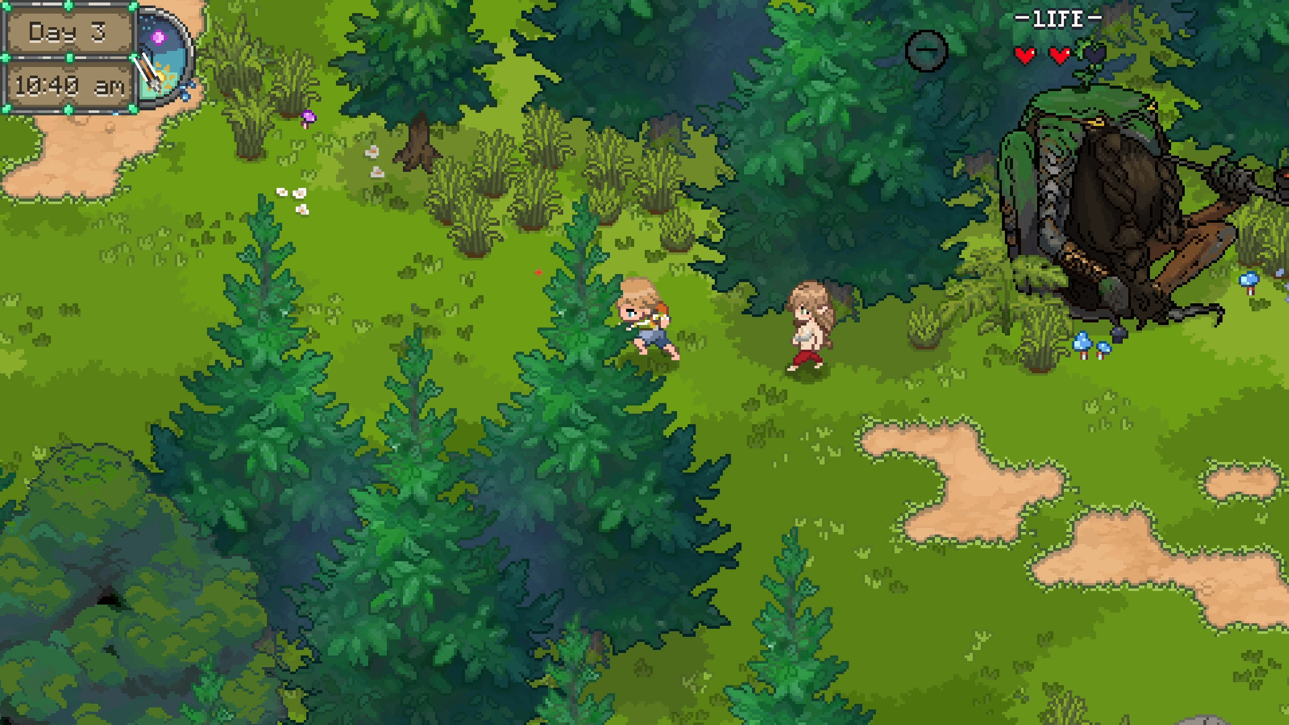 A mossy woodland clearing with an unusual overgrown camp