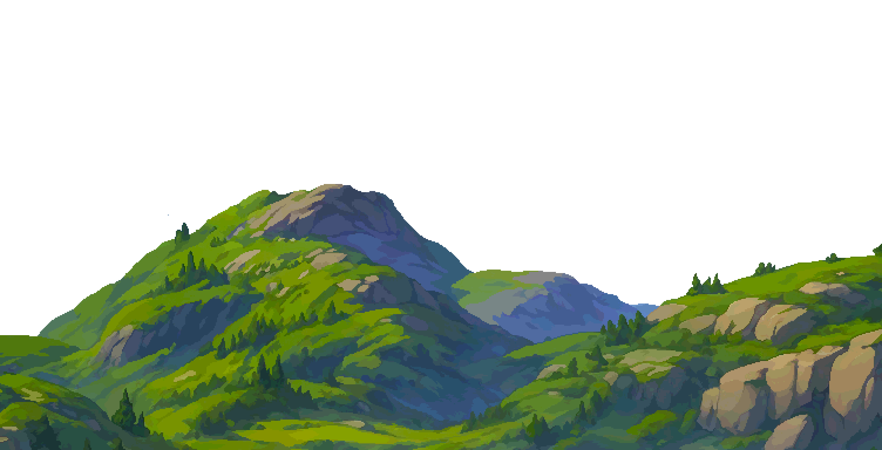 Green hills and rocky cliffs in the fantasy landscape