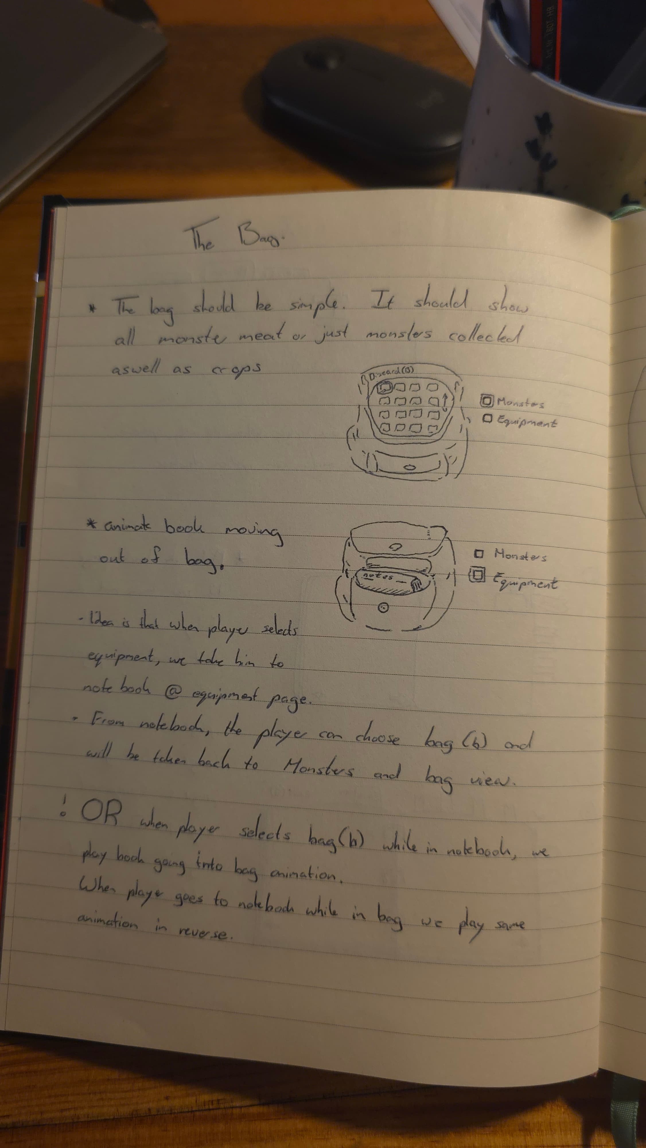 A notebook page exploring ideas for the game's bag interface