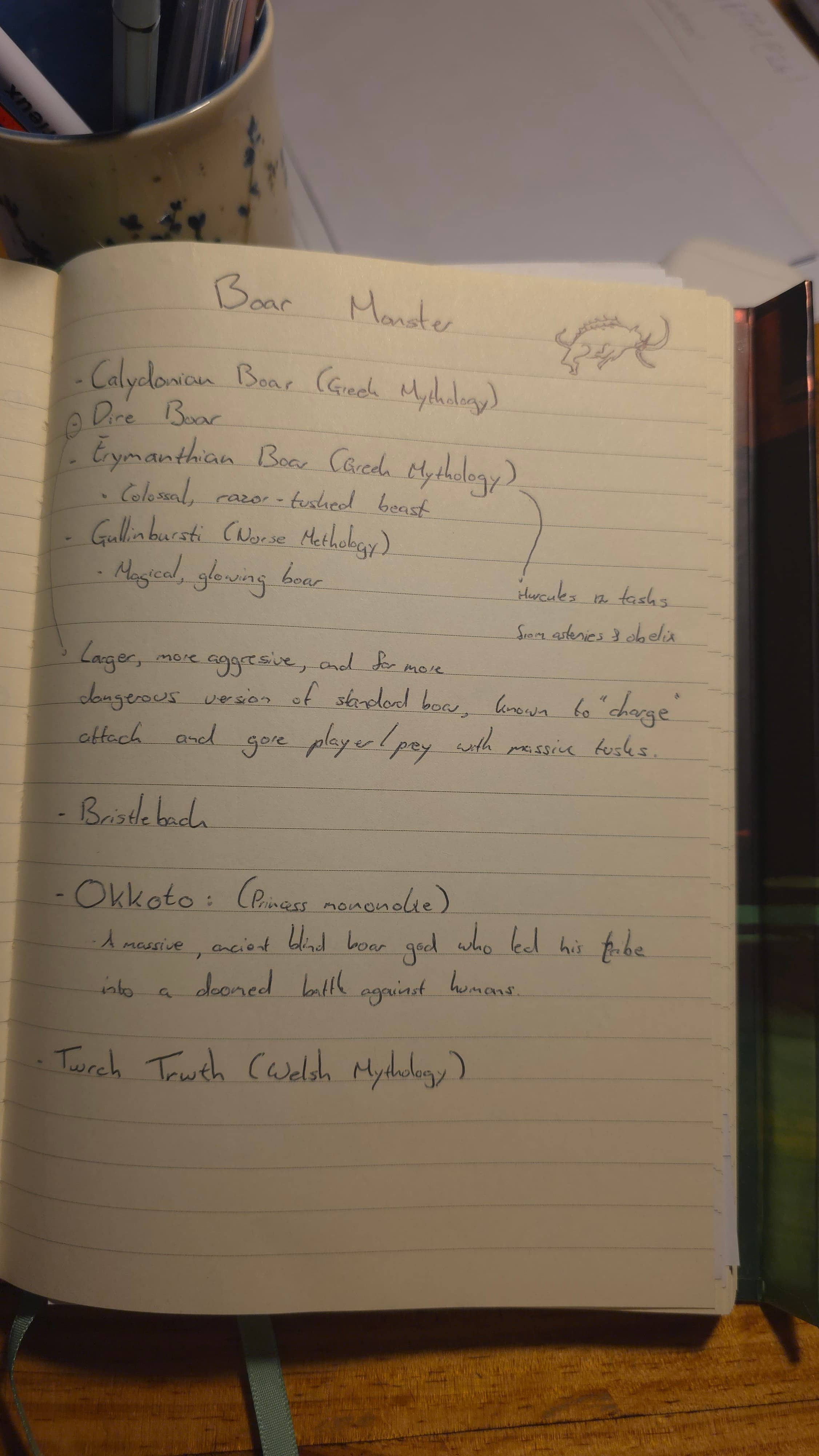 Notebook page with boar monster sketches and mythology notes