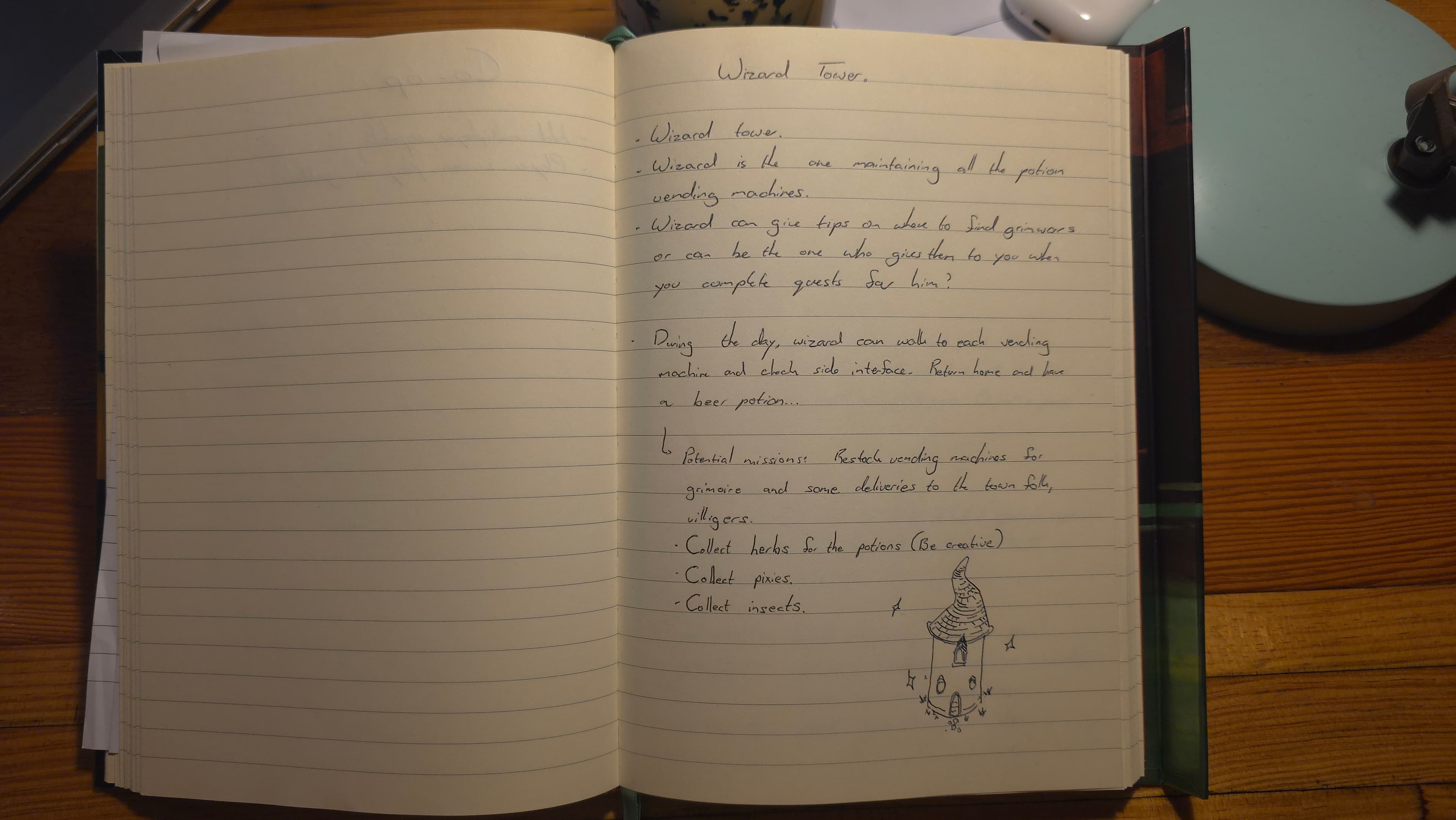 Handwritten development notes and sketches for a wizard tower